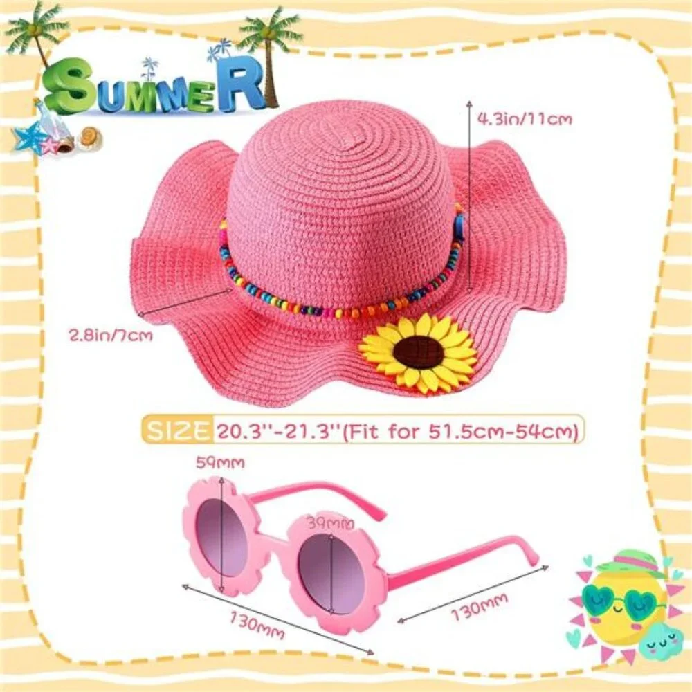 Summer Straw Hat for Girls Large Brim Sunflower Beach Hat Cute Flower Sunglasses